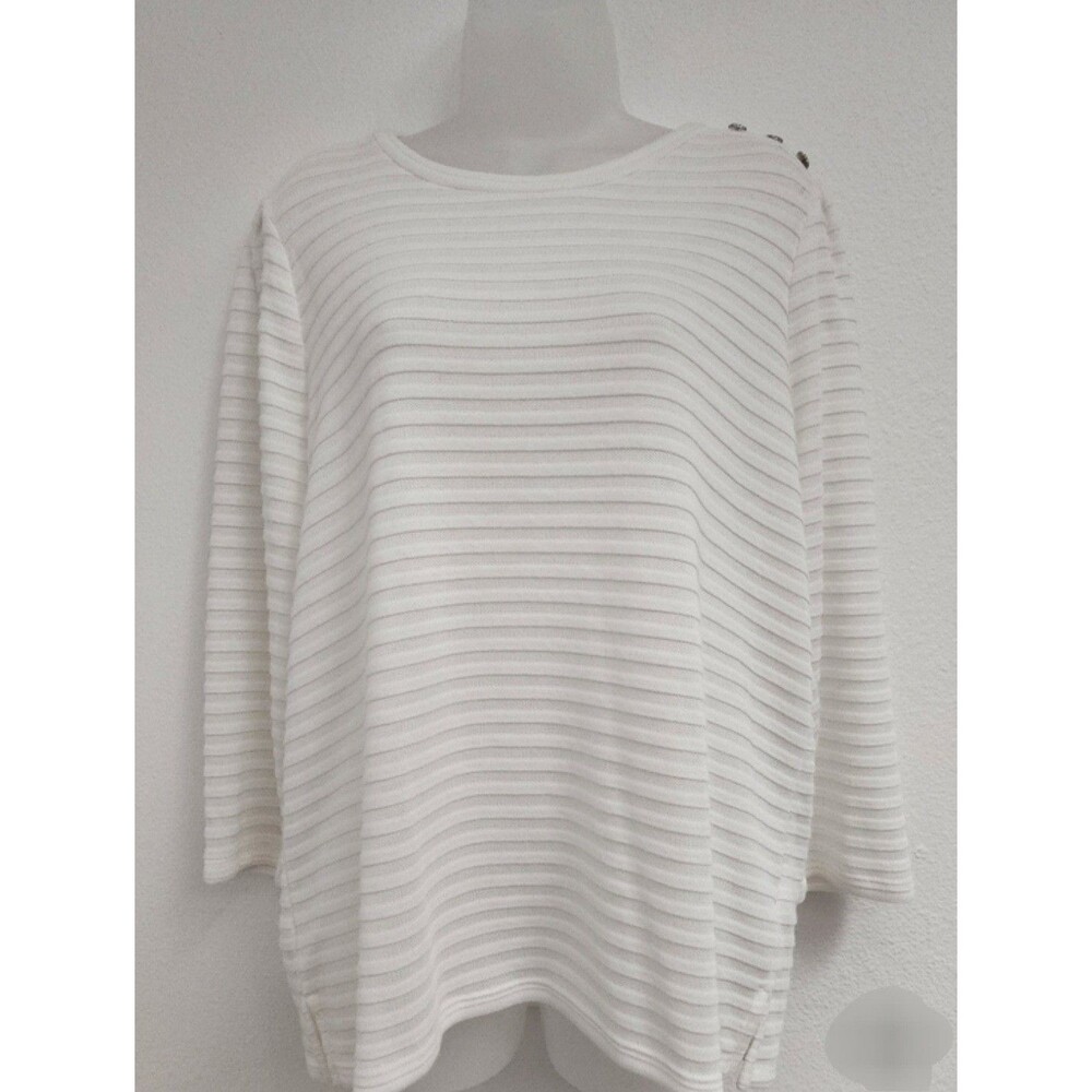 Liz Claiborne Womens Ivory Striped Knit Pullover Sweater L 3/4 Sleeve Button
